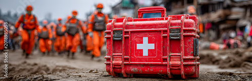 Emergency responders in orange gear march in the background. Medical supplies and life-saving equipment are available for urgent aid.