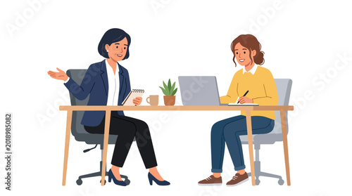 Foto Modern flat vector illustration of mentor teaching young intern at laptop showin