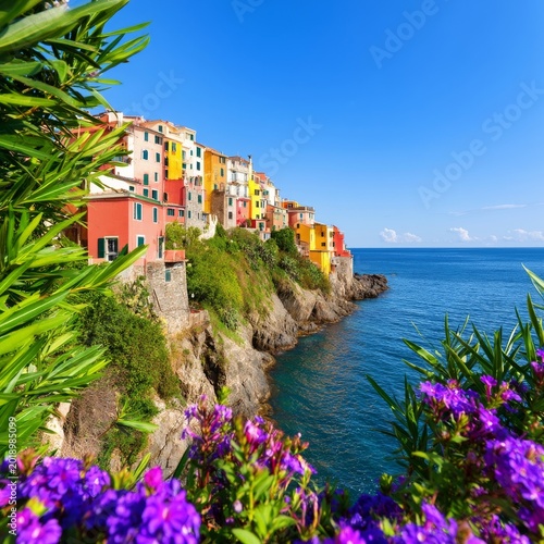 Colorful Buildings on a Cliff Beside the Sea With Flowers in the Foreground N...