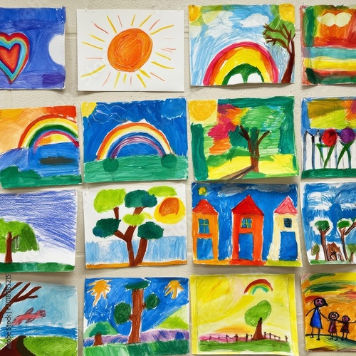 Kids Create Colorful Artwork on Display in Classroom During Art Session