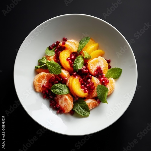 Fresh Fruit Salad With Oranges, Pomegranate, and Mint on a Dark Background