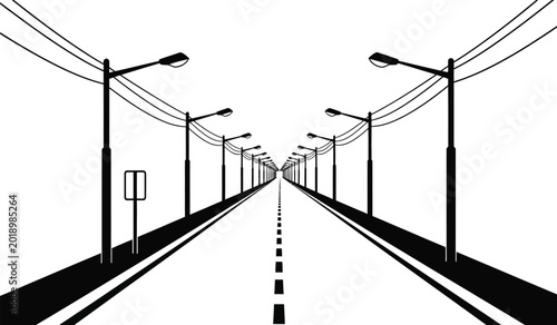 Foto Empty straight road with street lamps and power lines minimalist black and white