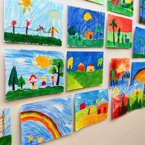 Children Create Colorful Art Displayed on a Wall in a Classroom