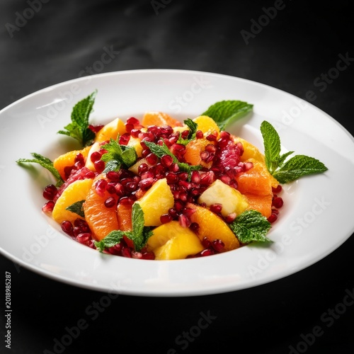Fresh Fruit Salad With Oranges, Pomegranate, and Mint on a Dark Background