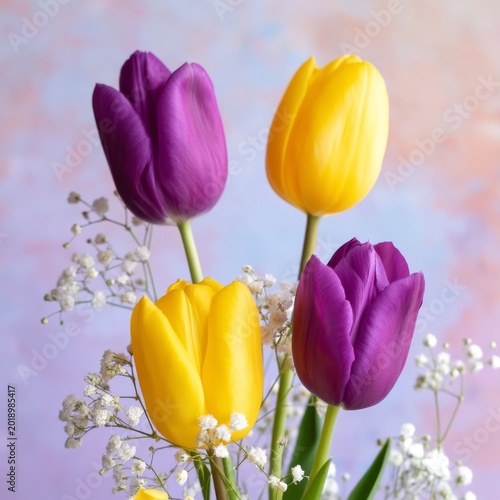 Colorful Tulips in a Vase Against a Pastel Background During Spring Season