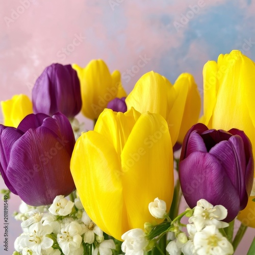 Bright Tulips in Various Colors Arranged in a Bouquet With a Pastel Background