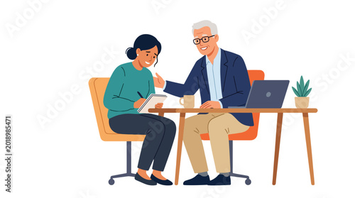 Photos Modern flat vector illustration of senior employee encouraging shy new coworker