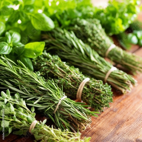 Fresh Herbs Arranged on a Wooden Surface for Cooking and Seasoning Dishes in ...