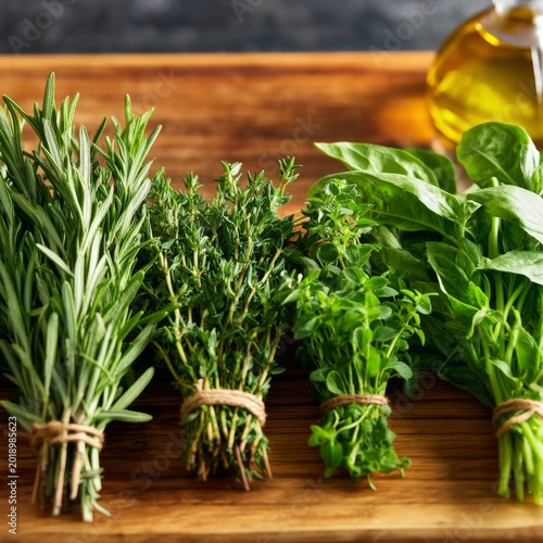 Fresh Herbs Arranged on a Wooden Surface for Cooking and Seasoning Dishes in ...