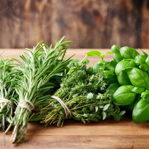 Fresh Herbs on Wooden Table Ready for Cooking or Baking in Warm Kitchen