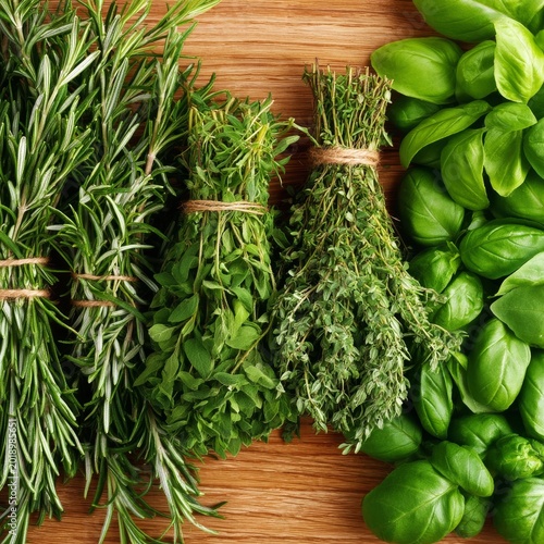 Fresh Herbs on Wooden Table Ready for Cooking or Baking in Warm Kitchen