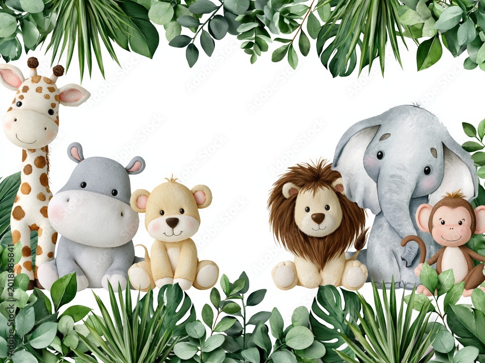 Obraz premium Adorable Jungle Safari Baby Animals Border with Lush Greenery, Perfect for Children's Party Invitations and Decorations