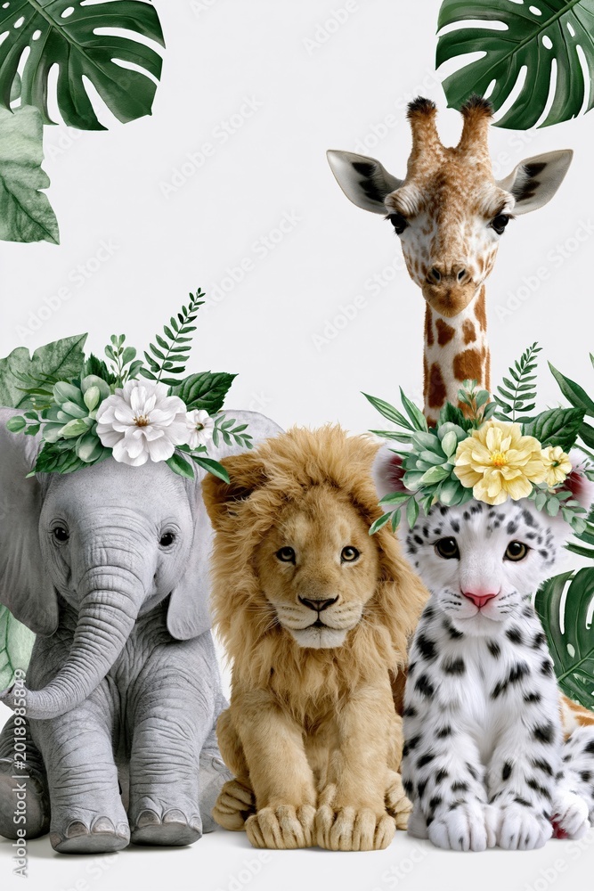 Obraz premium Cute Jungle Baby Animals Wearing Flower Crowns: Elephant, Lion, Snow Leopard, Giraffe