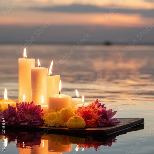 Candle Display With Flowers on Water at Sunset Near the Shore
