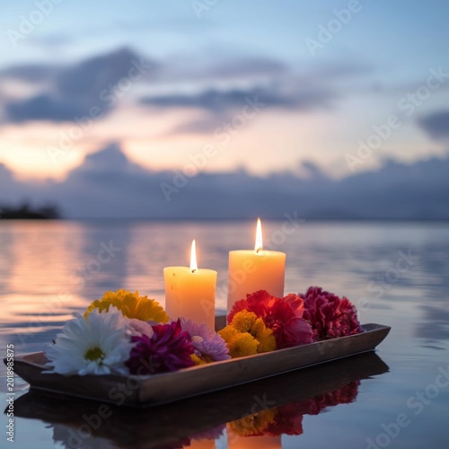 Candle Display With Flowers on Water at Sunset Near the Shore