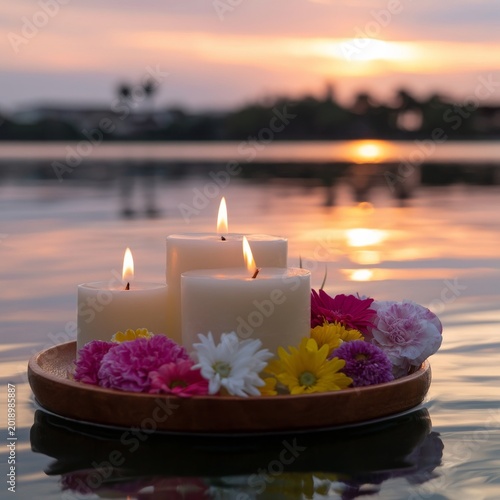 Candles and Flowers Float on Water at Sunset in a Serene Setting