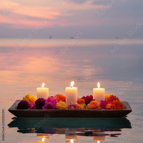 Candles and Flowers Float on Water at Sunset in a Serene Setting