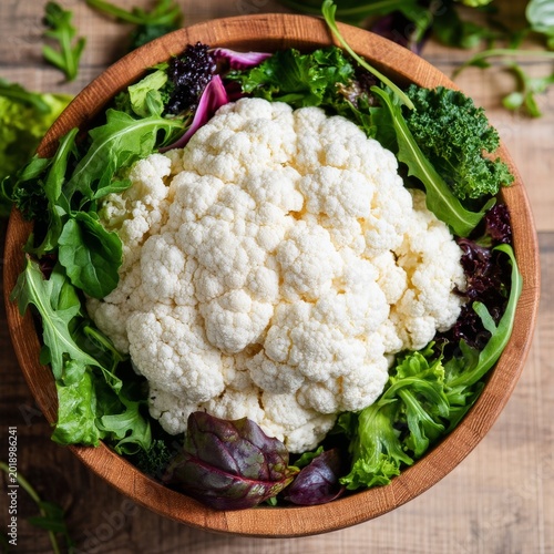 Fresh Cauliflower Surrounded by Kale and Greens in a Large Wooden Bowl in Bri...