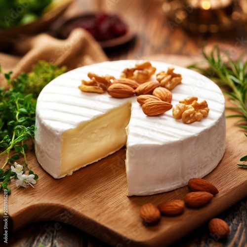 Cheese With Nuts on a Wooden Board With Herbs and a Soft Background Setting i...