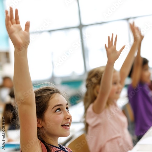 Children in Classroom Raising Hands to Answer Questions During School Activit...