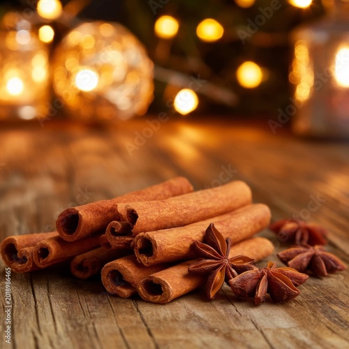 Cinnamon Sticks and Star Anise on Wooden Table With Lights in the Background ...