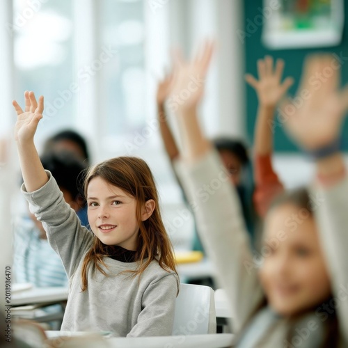 Children in Classroom Raising Hands to Answer Questions During School Activit...