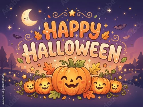 Happy halloween with pumpkins and bats at night