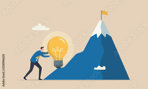 Bild auf Leinwand Business uphill mountain peak problem or innovation and strategy to win business success concept, smart businessman turn on lightbulb switch to lit up idea