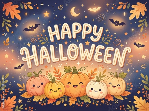 Happy halloween with smiling pumpkins and bats at night