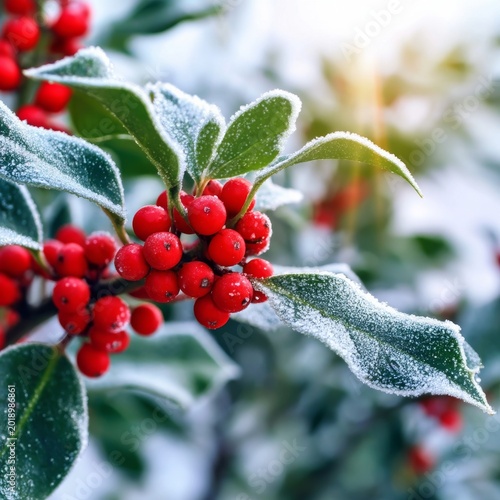 Frost on Red Berries in a Winter Setting With Green Leaves During Late Aftern...
