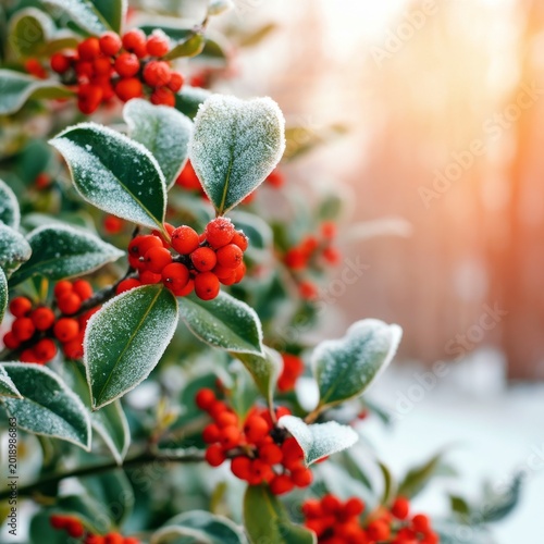 Frost on Red Berries in a Winter Setting With Green Leaves During Late Aftern...