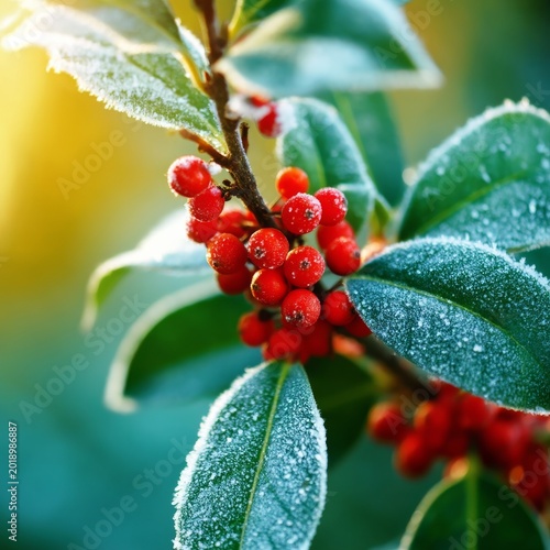 Holly Plant With Red Berries and Frost During Winter in a Garden Setting