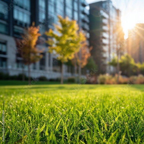 Green Grass in City Park With Tall Buildings and Trees During Sunny Day