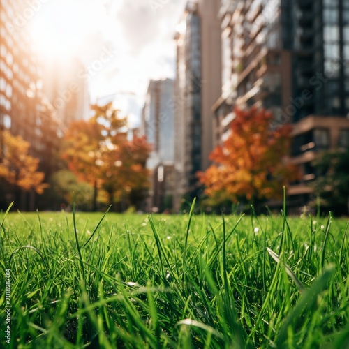 Morning Light Shines on Green Grass in City Park With Tall Buildings in Backg...