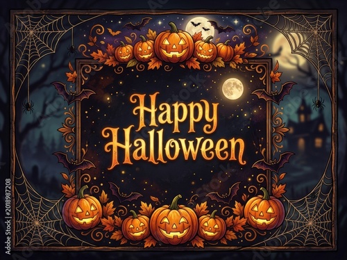 Happy halloween greeting card with pumpkins and bats at night