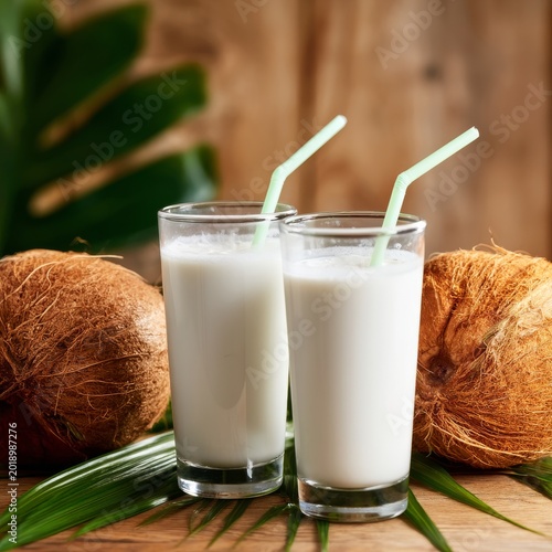 Fresh Coconut Drinks With Green Straws and Coconuts on a Wooden Table