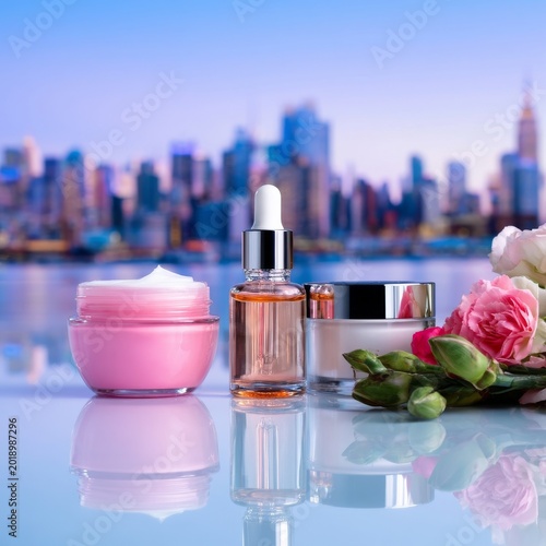 Skincare Products Arranged With City Skyline in Background During Daytime