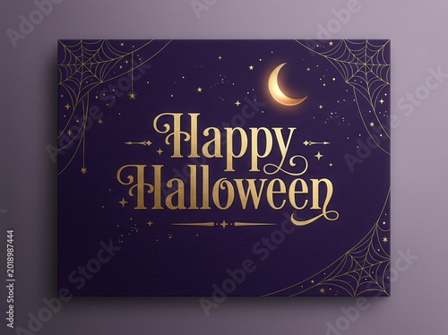 Happy halloween greeting card with gold text and moon on purple background