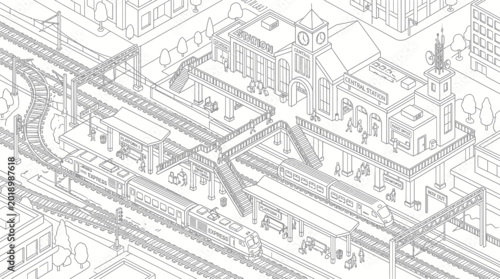 Fototapeta premium Isometric illustration of a bustling train station with multiple platforms, tracks, and trains, showcasing urban transportation infrastructure.