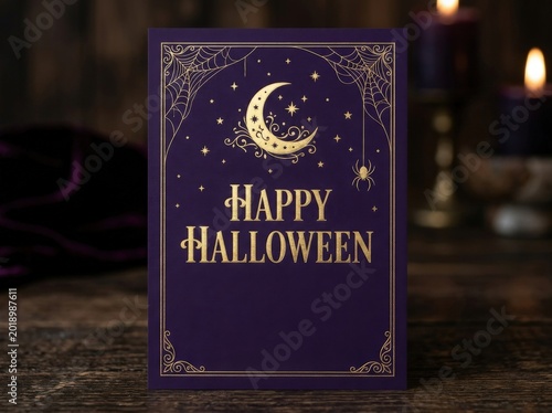 Happy halloween card with gold design on purple background