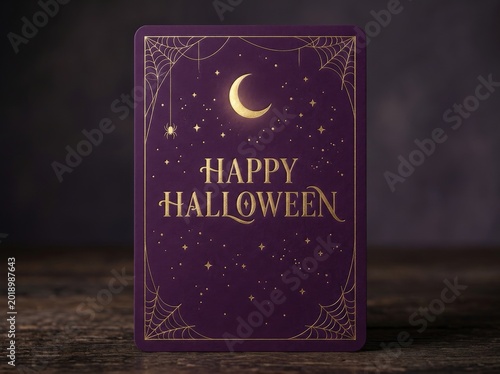 Happy halloween card with gold text and spider webs on purple background