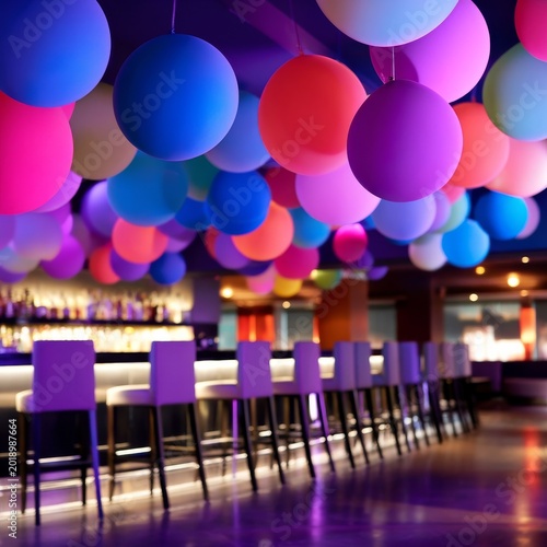 Colorful Balloons Hang Above a Bar Area During a Celebration Event at Night i...