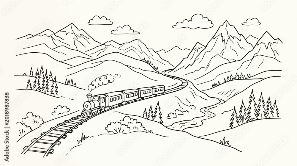 Obraz premium A scenic black and white line drawing depicts a vintage steam train winding its way through a majestic mountain landscape with a river flowing alongside the tracks.