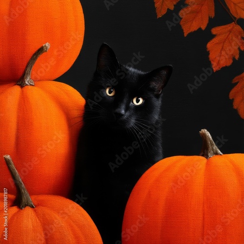 Two Black Cats Sit Beside Large Pumpkins in a Fall Scene With Colorful Leaves...