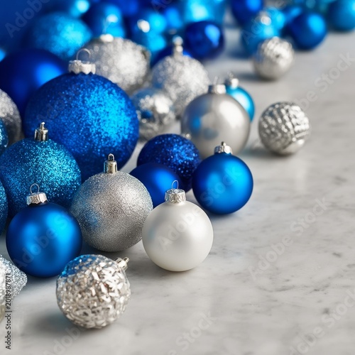 Colorful Ornaments in Blue and Silver Arranged on a Light Surface for Decorat...