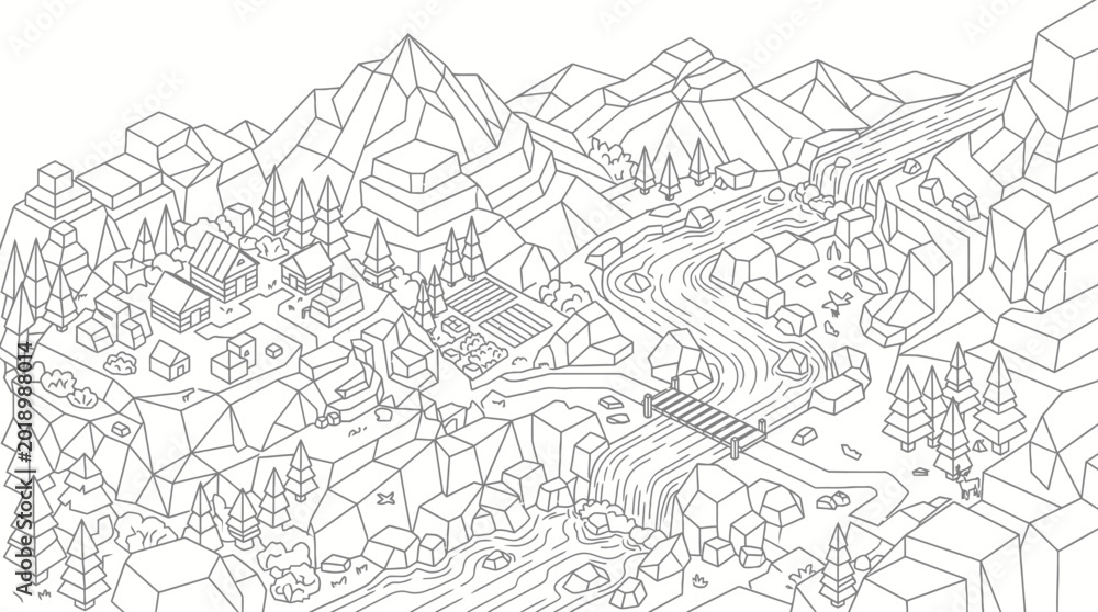 Obraz premium Isometric low-poly illustration of a serene mountain village with a winding river and lush forest scenery.