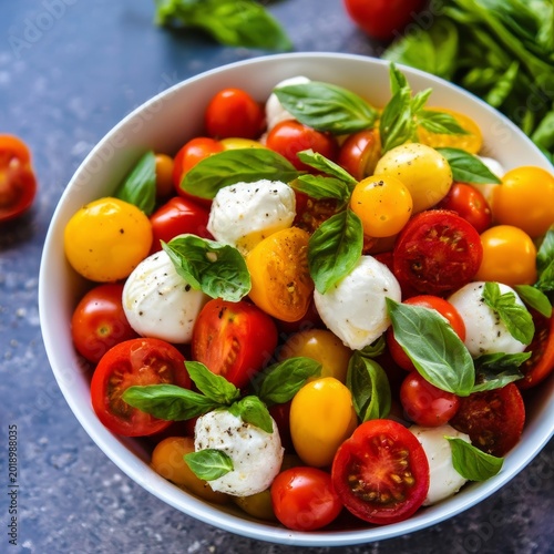 Fresh Salad With Cherry Tomatoes and Mozzarella Balls in Bowl on Patterned Table