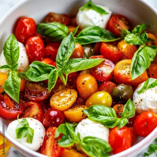 Fresh Tomatoes and Basil Arranged in a Bowl for a Simple Salad During a Sunny...