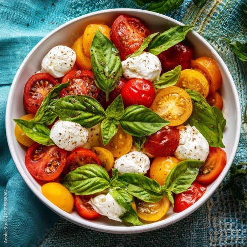 Fresh Tomatoes and Basil Arranged in a Bowl for a Simple Salad During a Sunny...