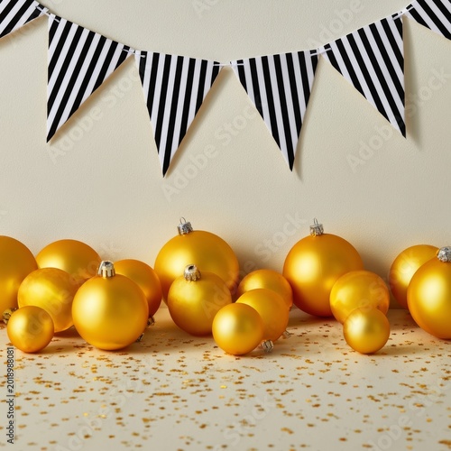 Holiday Celebration With Gold Ornaments and Striped Banner in Bright Setting